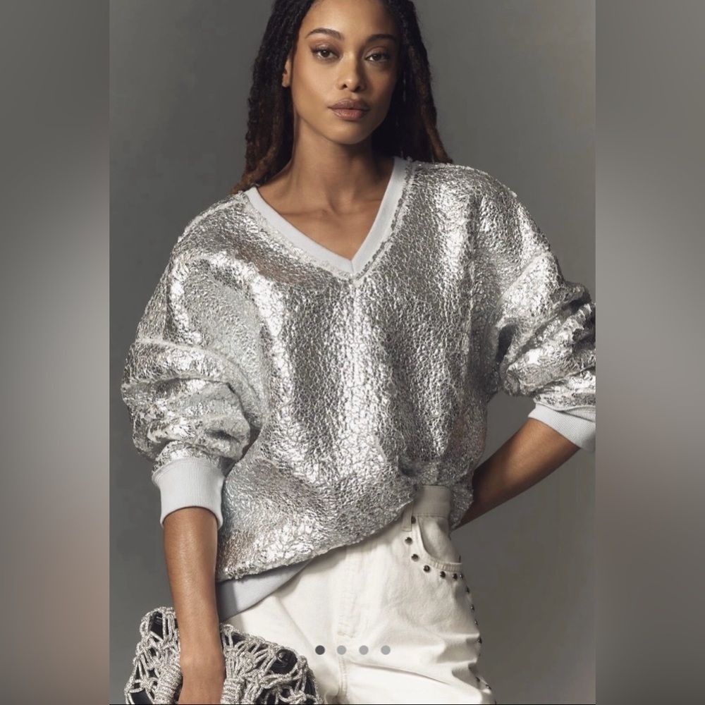 Anthropologie Pilcro Silver Foil V-Neck Pullover, X-Small, New